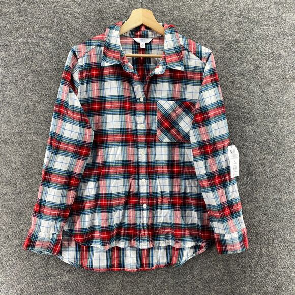 New Time And Tru Shirt Women M Medium Red Plaid Button Up Collared Long Sleeve - Picture 1 of 8
